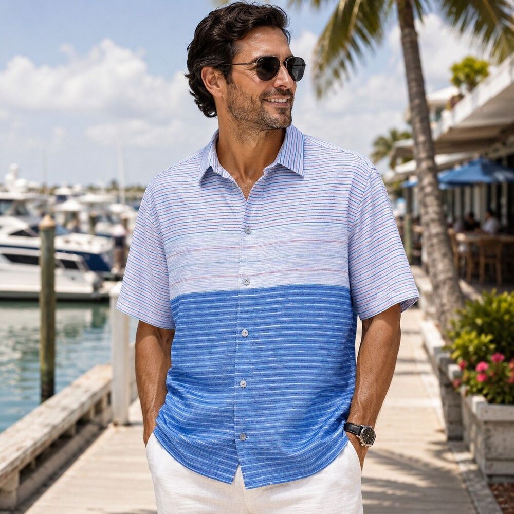 Tommy Bahama 100% Silk Shirt Mens XL Blue Ombre Stripe Button Front Resort